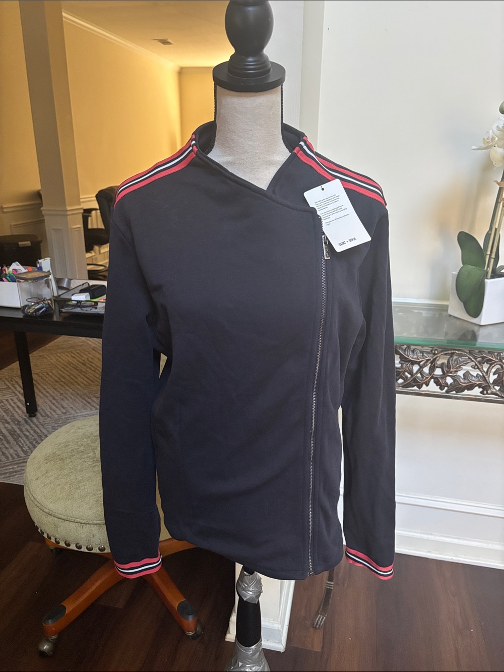 Saint + Sofia Cotton Biker Jacket - Navy-Red Stripe size 16